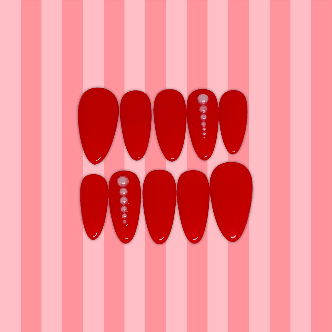 Glossy Red - Press-On Almond Rouge Vernis Brillant, Perles