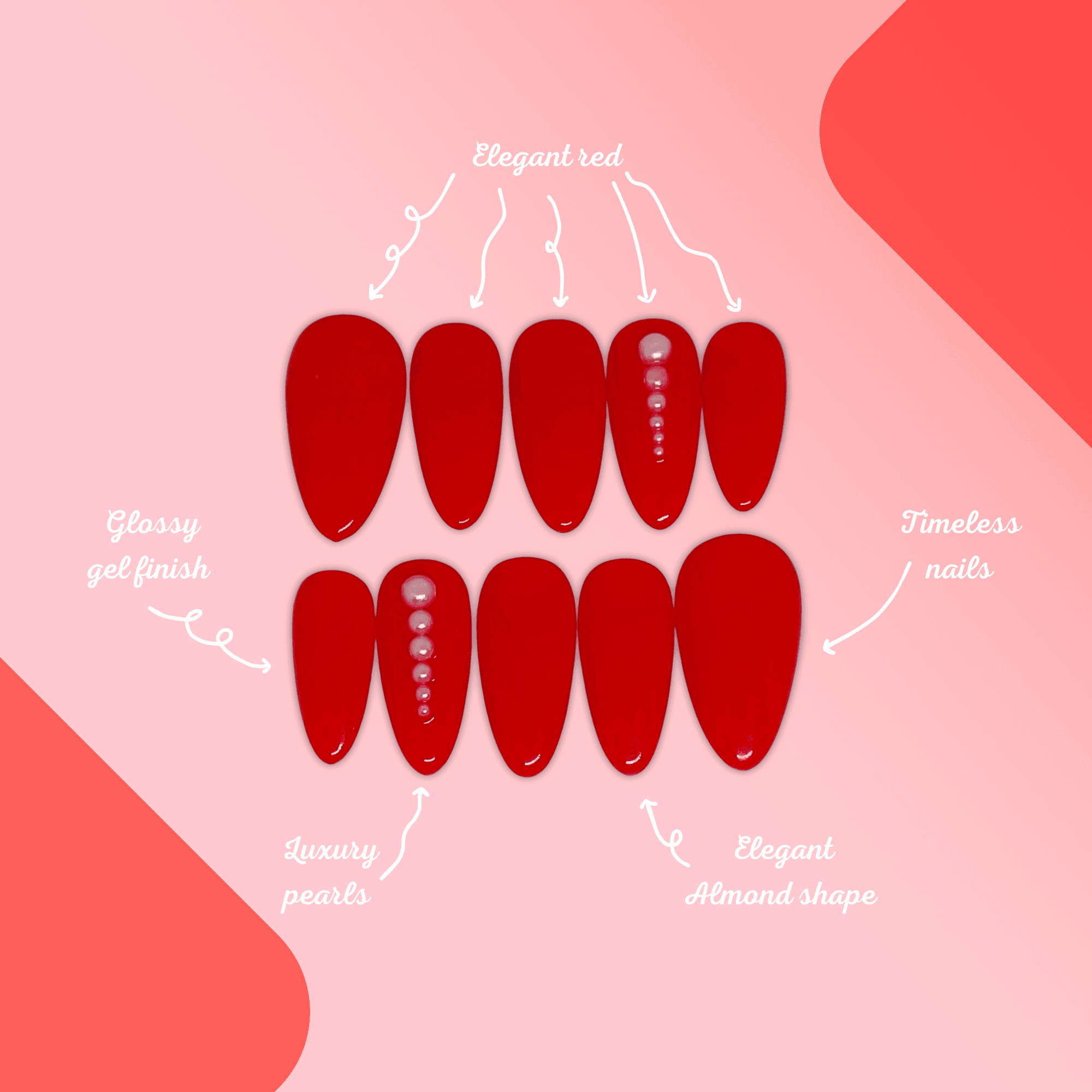 Glossy Red - Press-On Almond Rouge Vernis Brillant, Perles 2