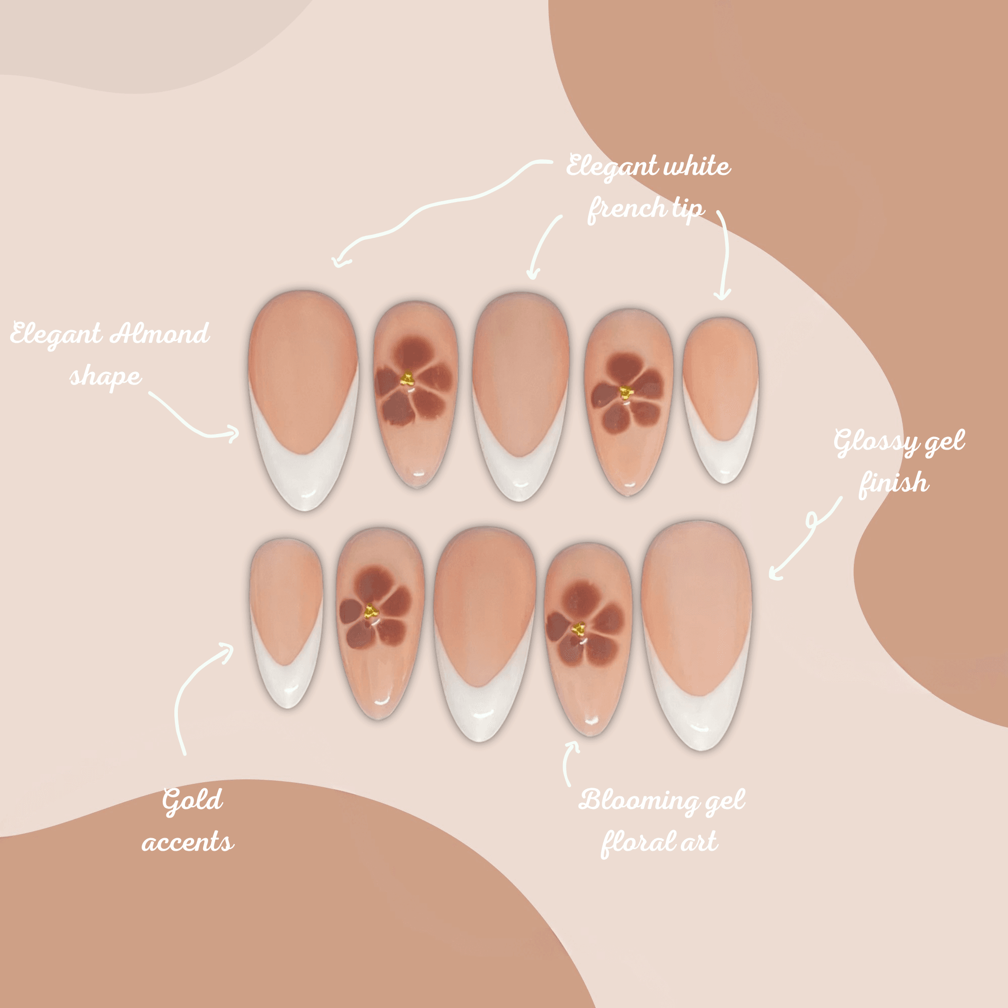 Nude Blossom - Press-On Almond Nude, French Tip, Fleur Brune 2