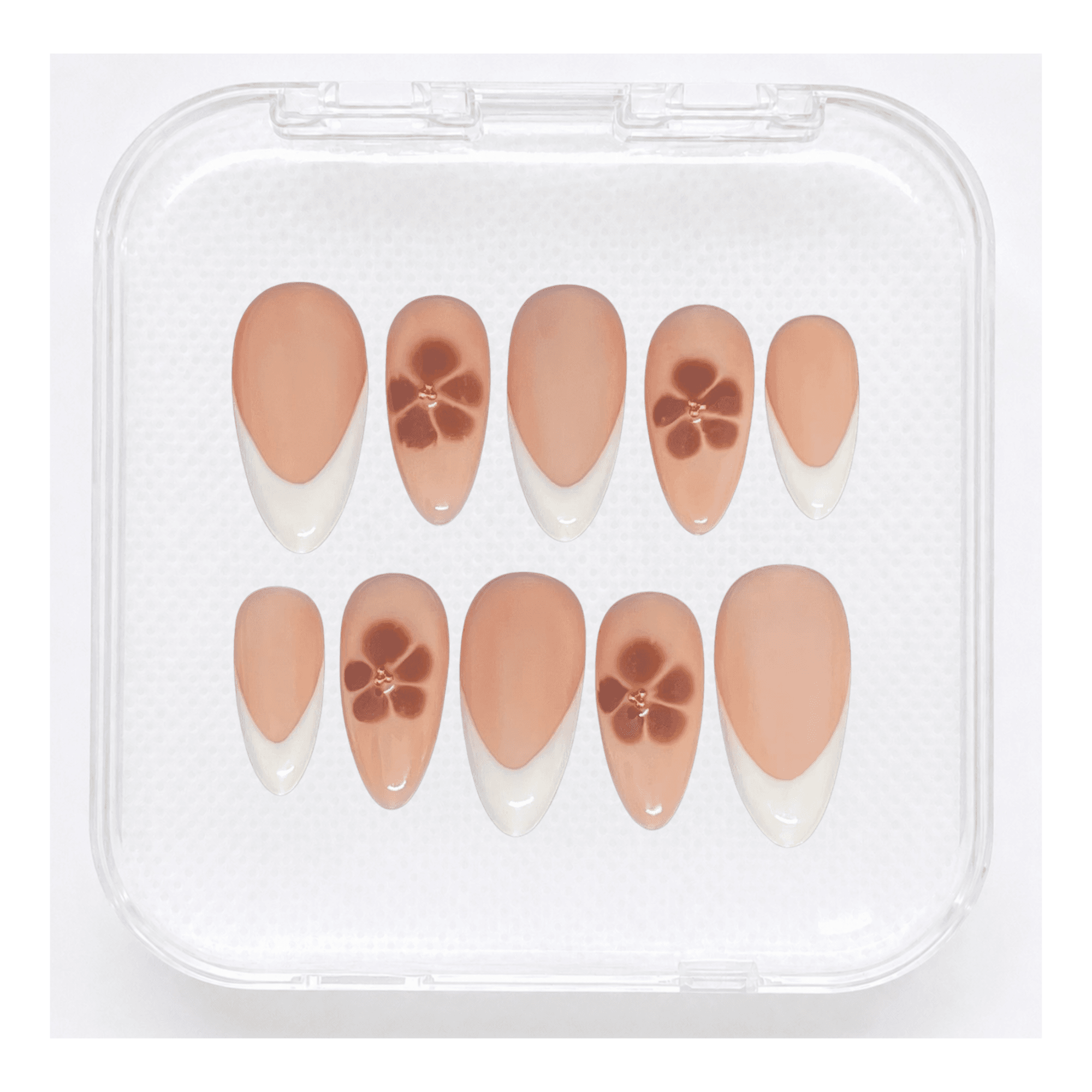 Nude Blossom - Press-On Almond Nude, French Tip, Fleur Brune 3