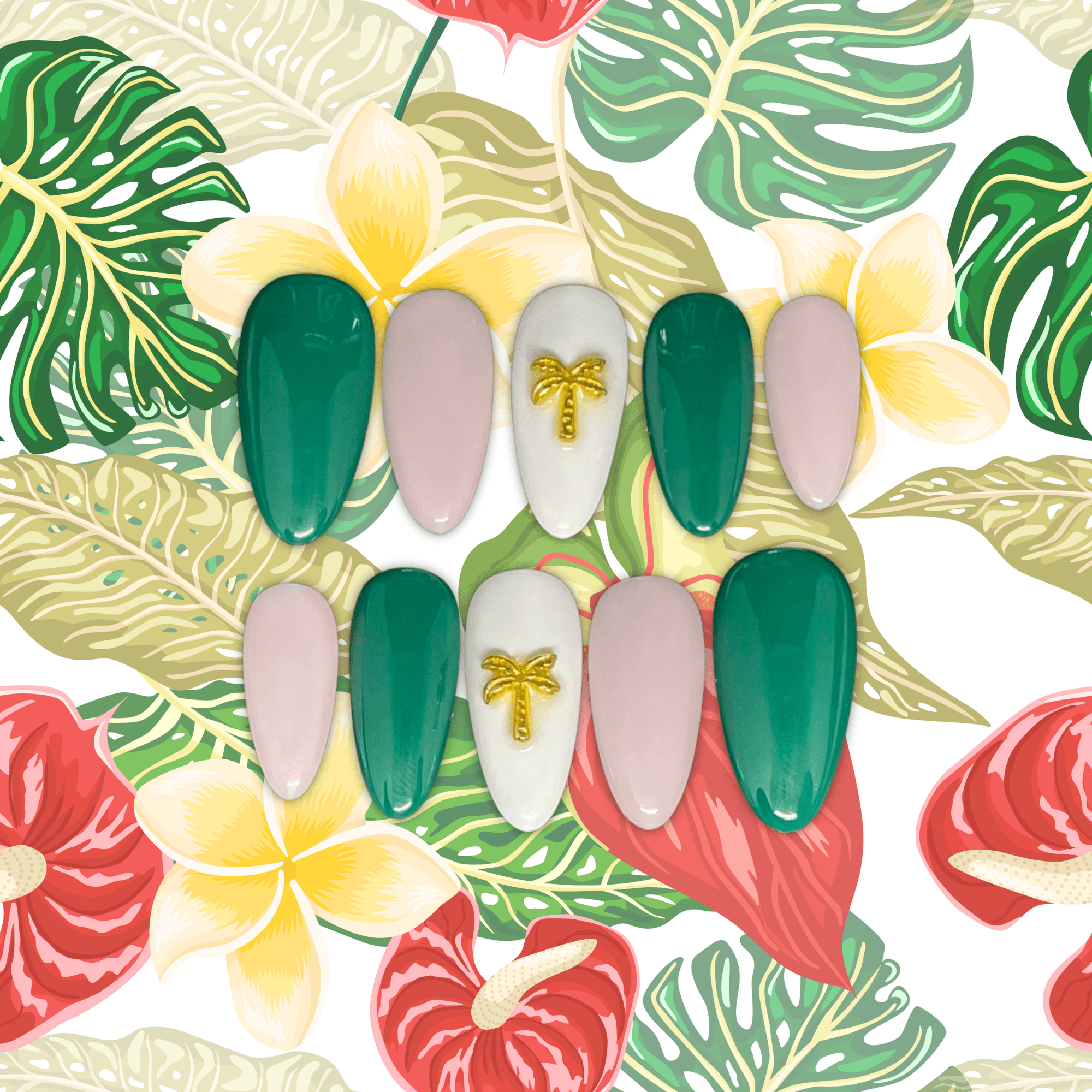 Royal Elegance - Press-On Almond Vert Émeraude, Charm Palmier Or