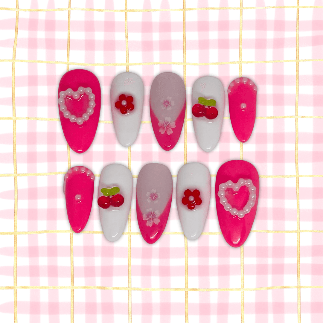 Sweet Romance - Press-On Almond Rose Fuchsia, Coeur & Cerises