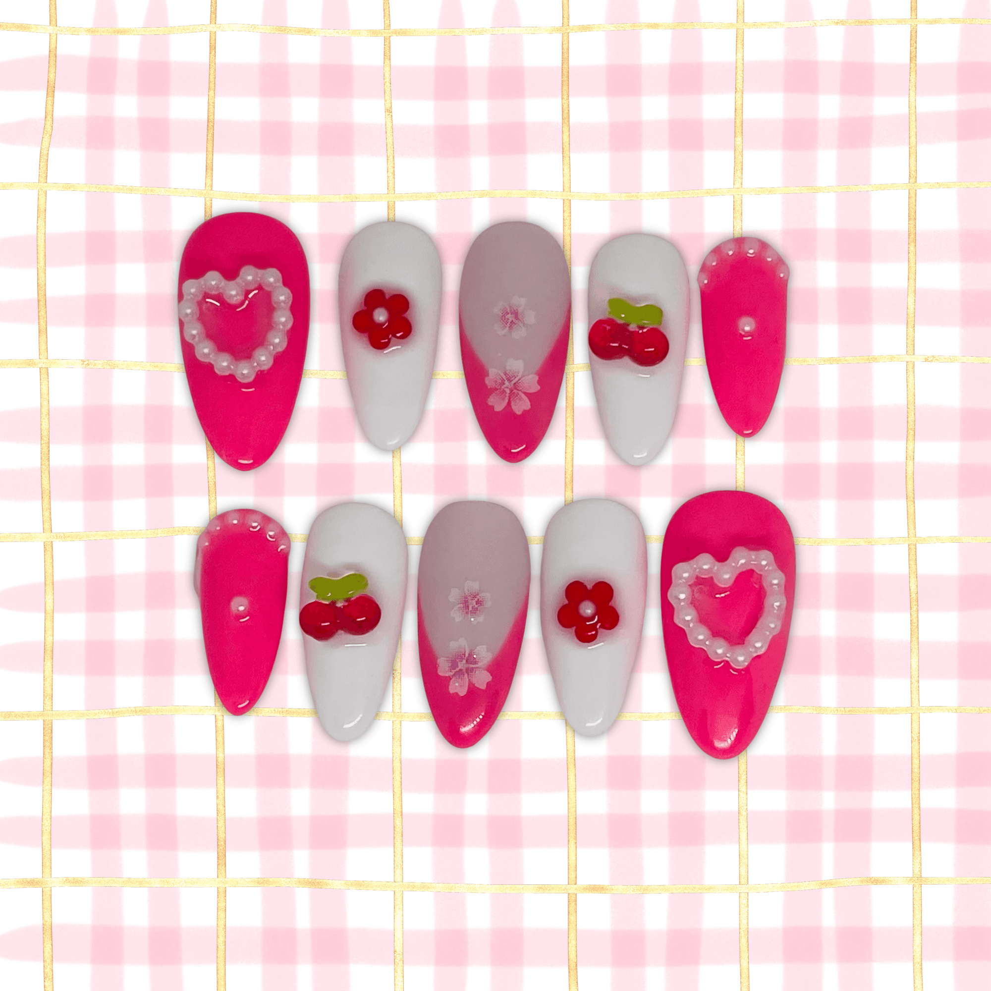 Sweet Romance - Press-On Almond Rose Fuchsia, Coeur & Cerises