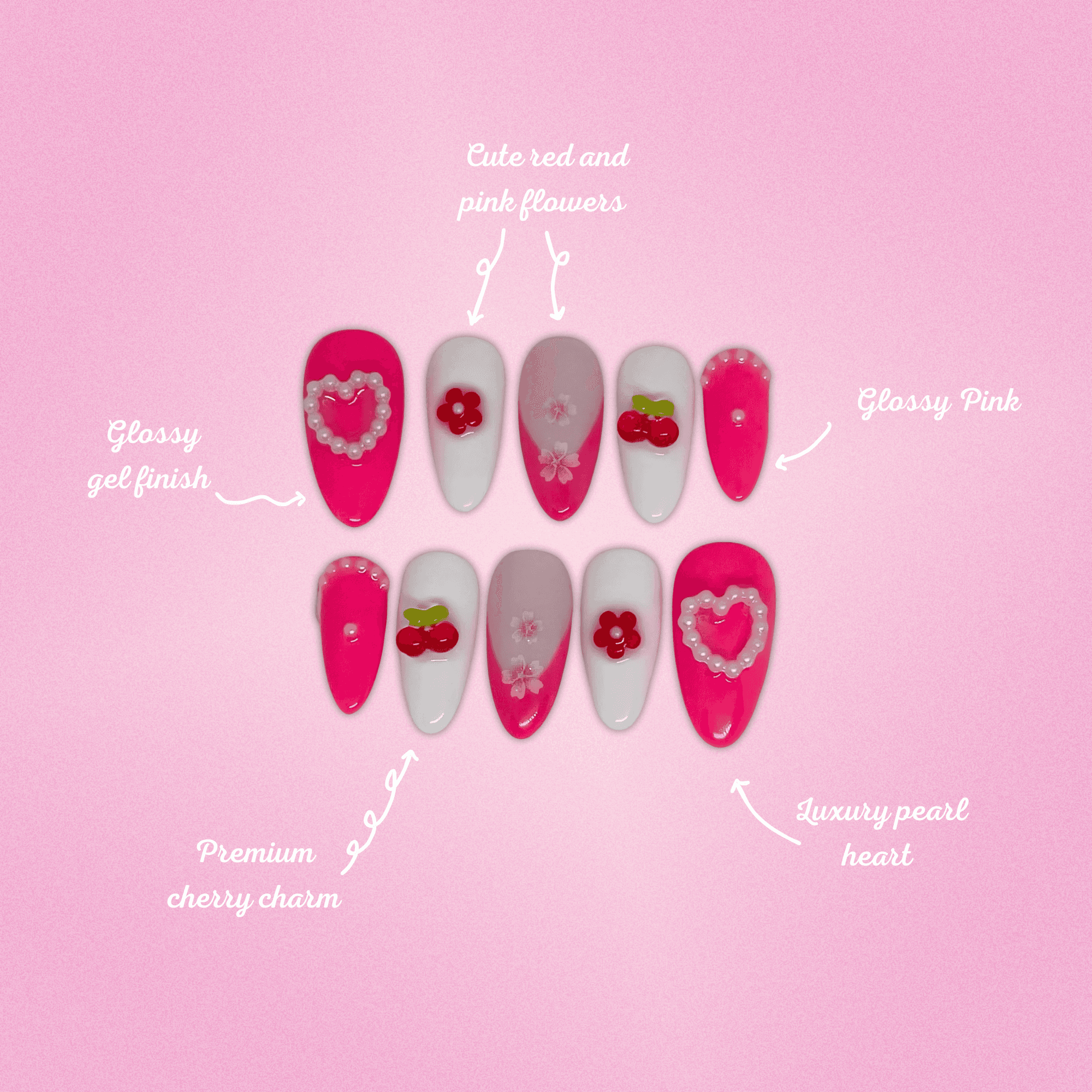 Sweet Romance - Press-On Almond Rose Fuchsia, Coeur & Cerises 2
