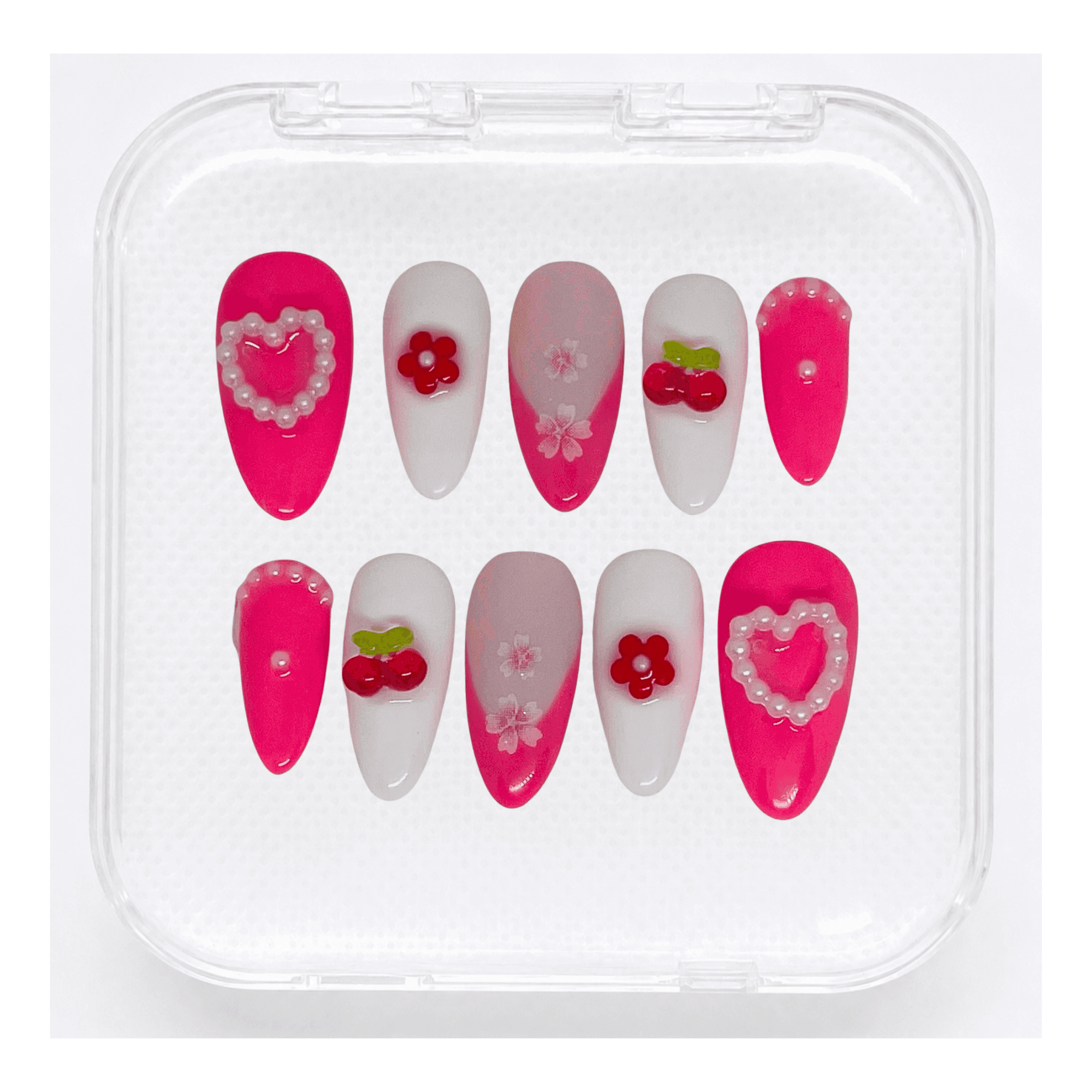 Sweet Romance - Press-On Almond Rose Fuchsia, Coeur & Cerises 3