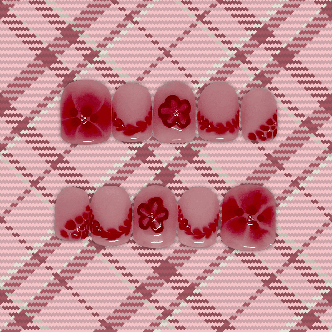 Blossom Heart - Press-On Square Rose, Fleurs Rouges Aquarelle