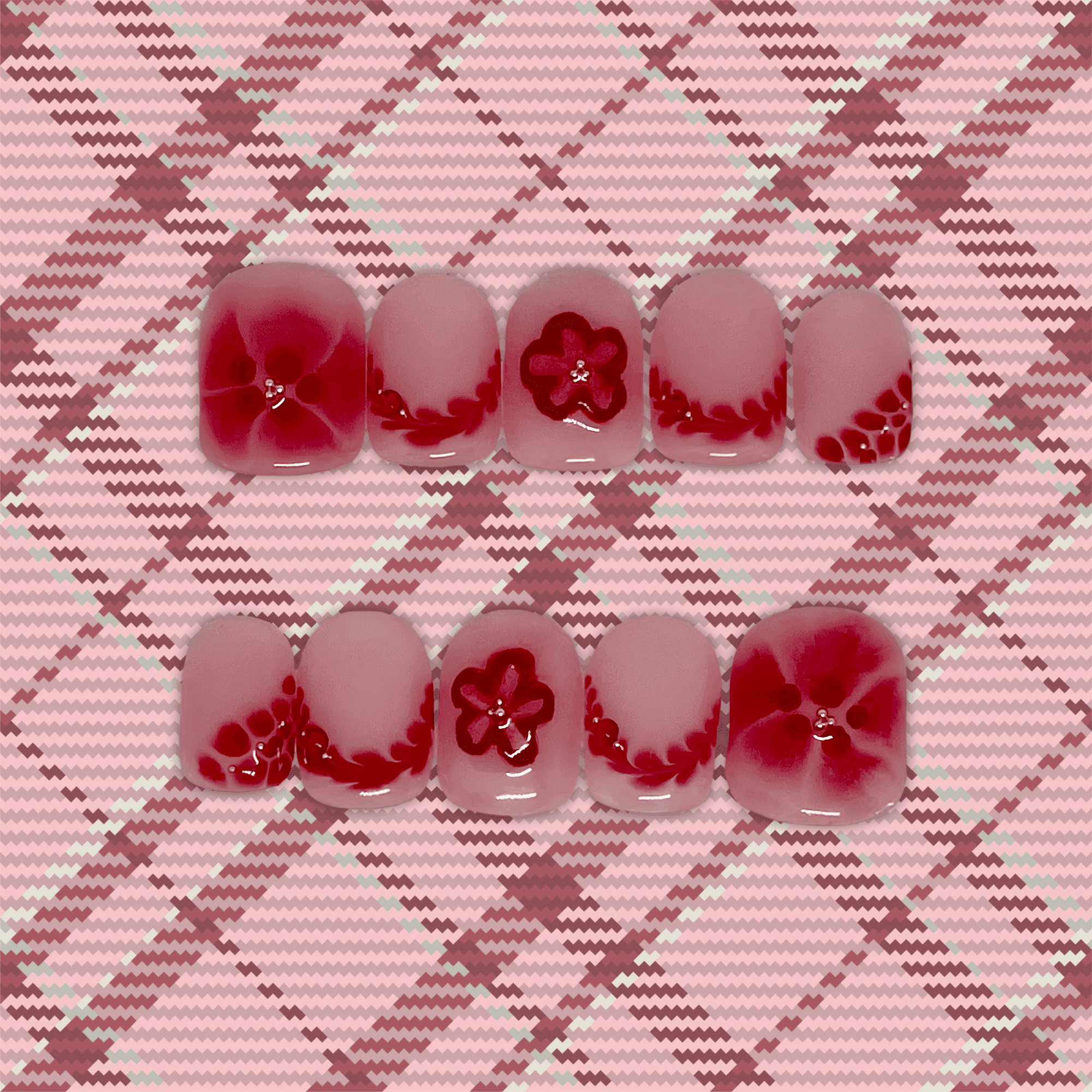 Blossom Heart - Press-On Square Rose, Fleurs Rouges Aquarelle