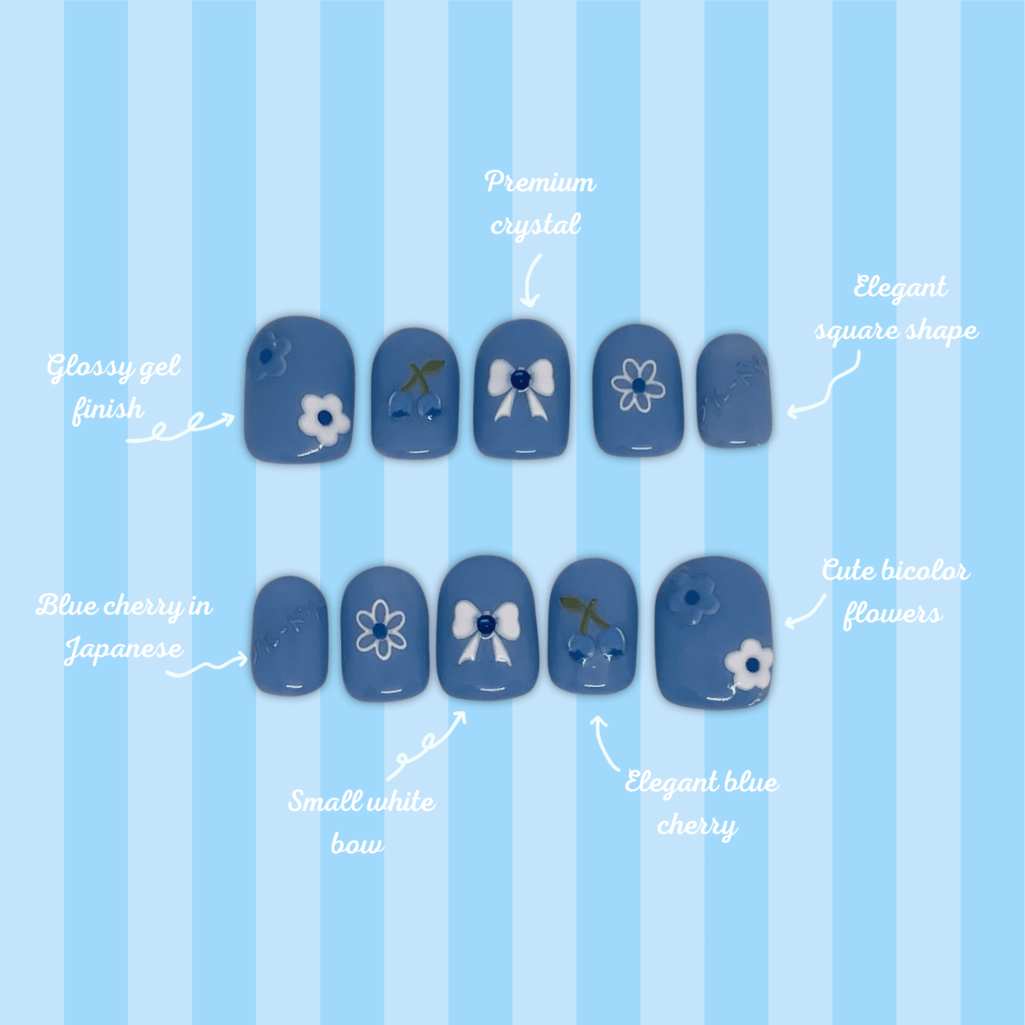 Blue Cherry - Press-On Square Bleu Jean, Cerises & Nœud Blancs 2