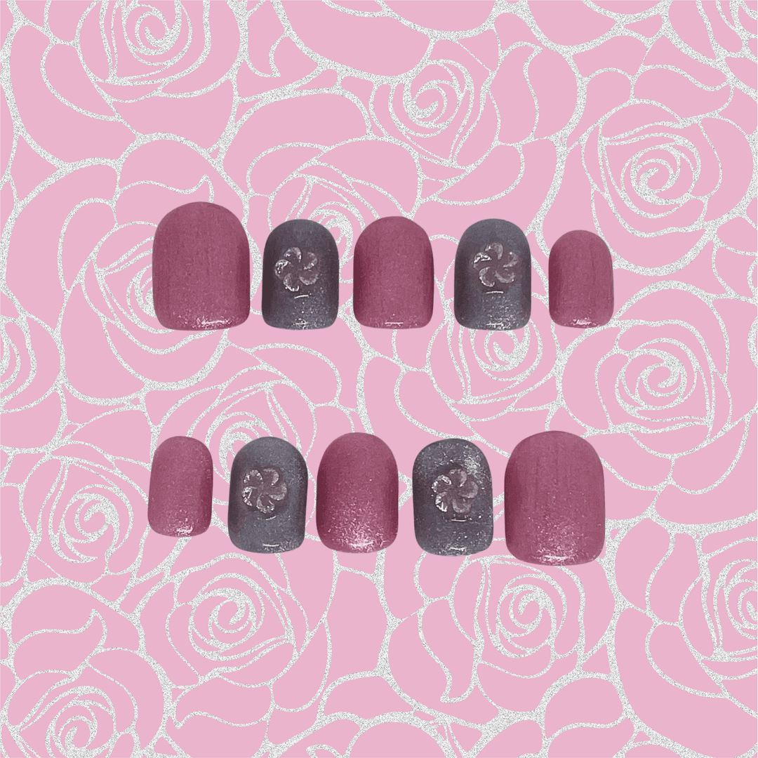 Galaxy Glow - Press-On Square Prune & Gris, Fleur Métallisée
