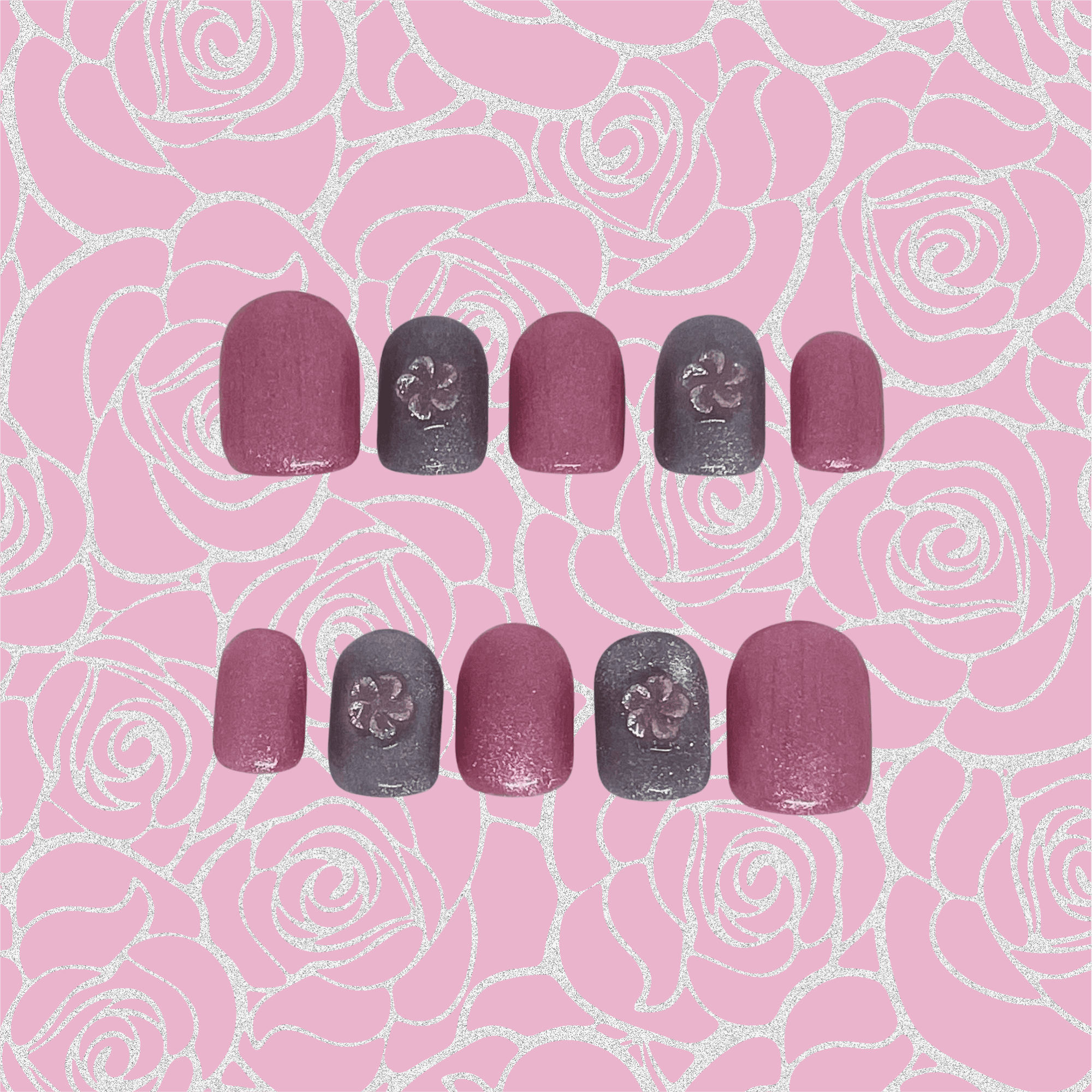 Galaxy Glow - Press-On Square Prune & Gris, Fleur Métallisée
